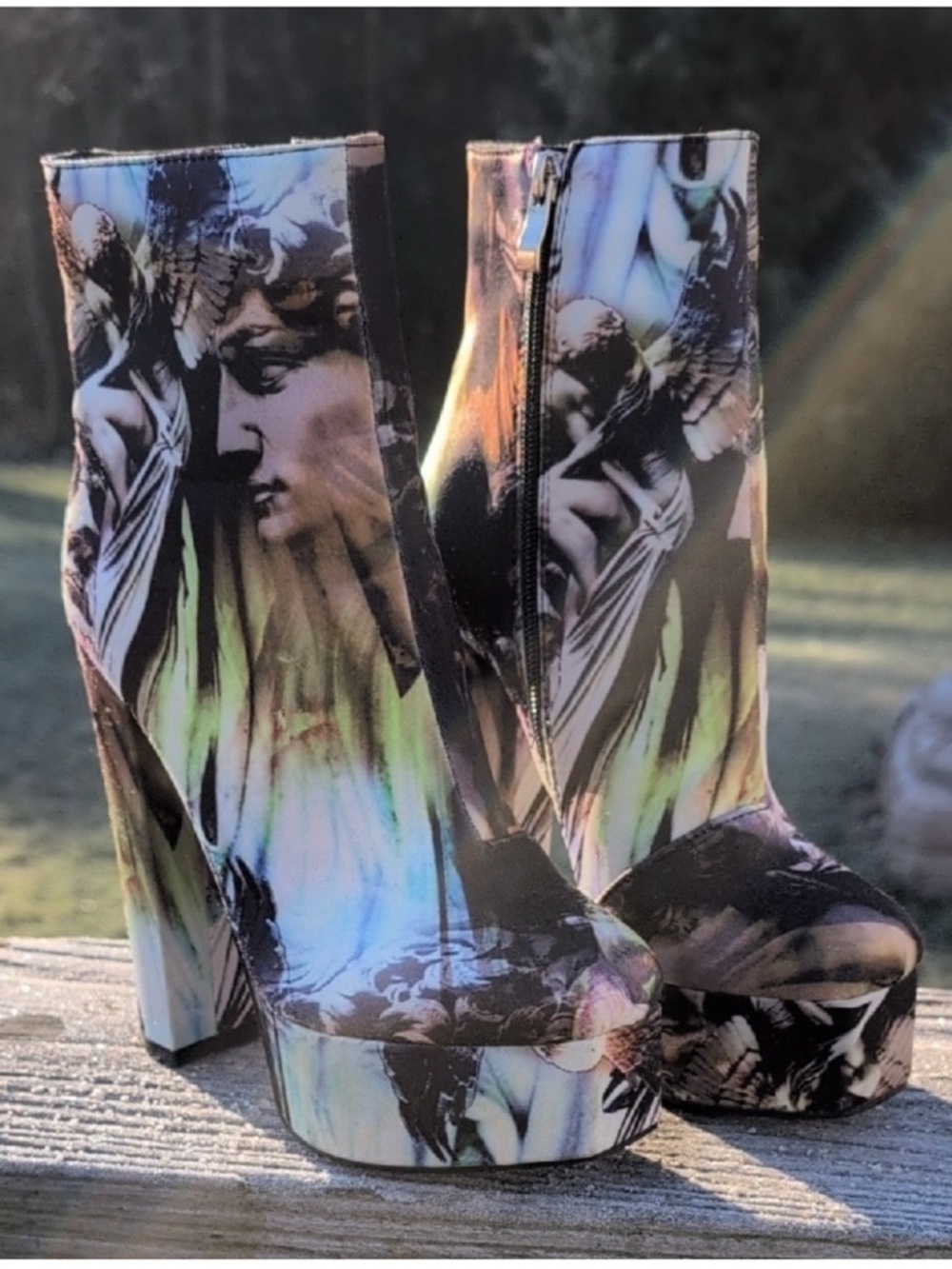 Sculpted Print Platform Ankle Boots in Multi-Color